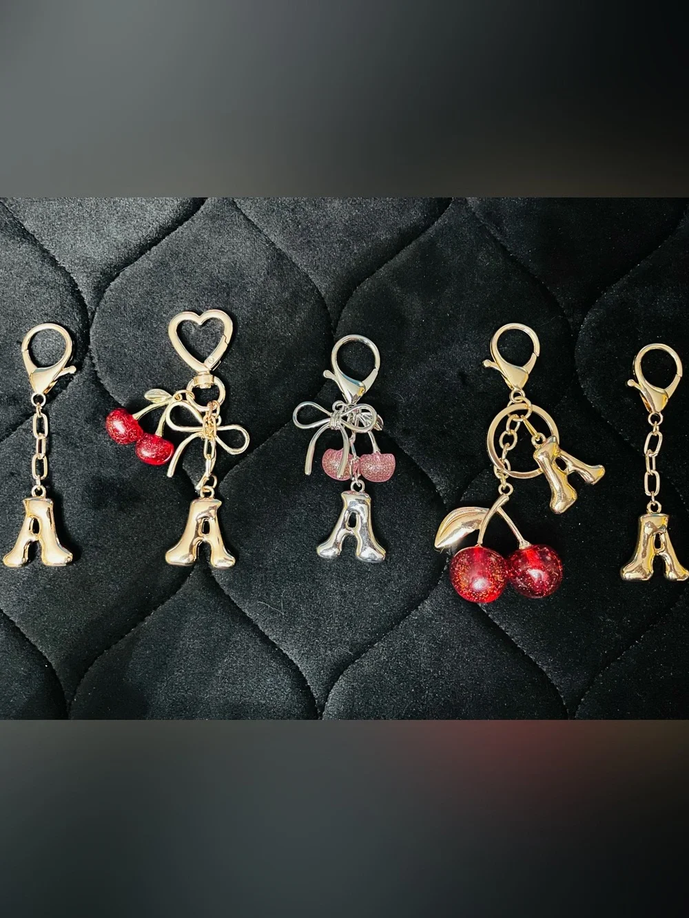 5 Initial ‘A’ & Cherries Bag Charms Bundle